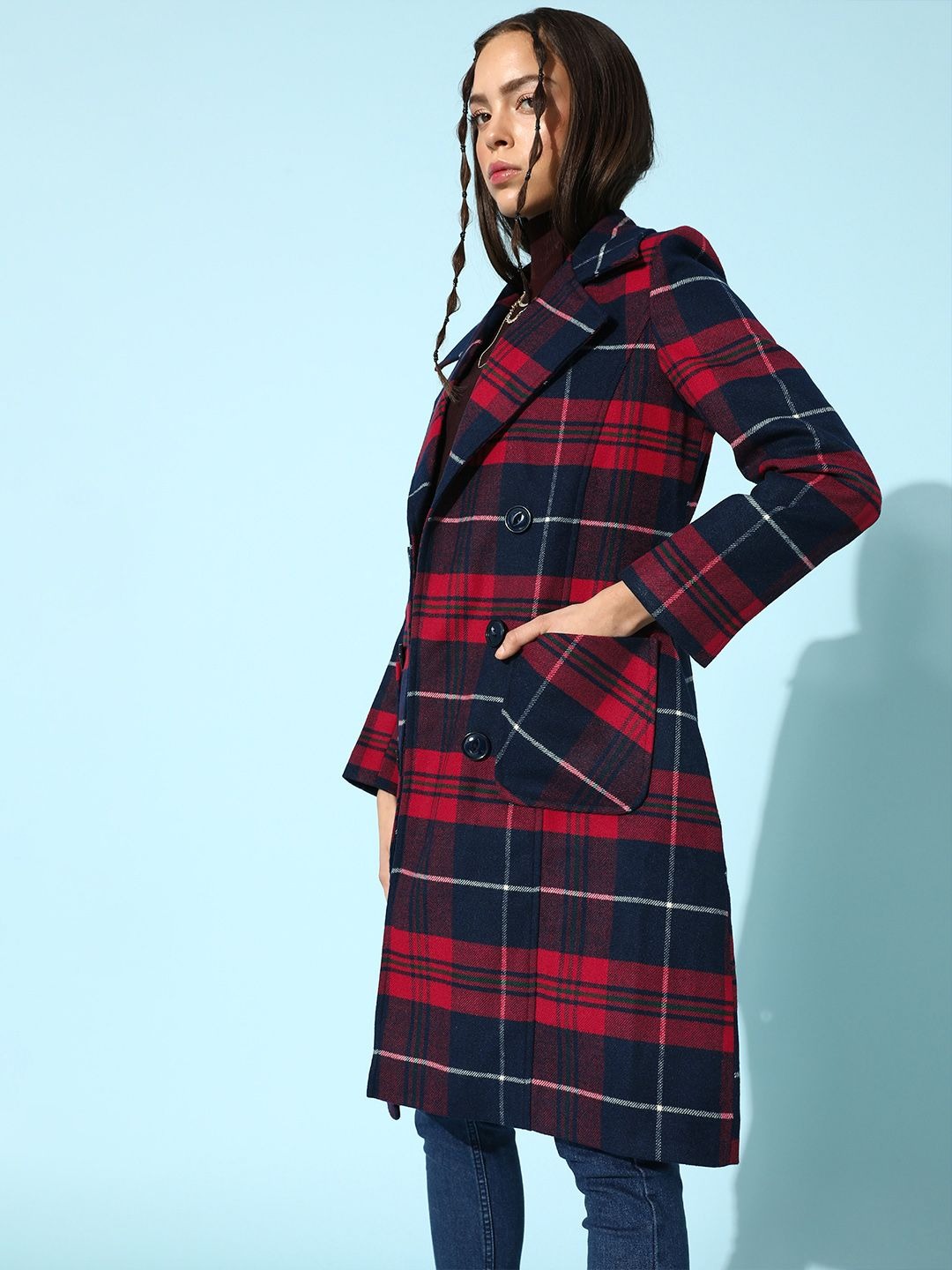 Red and navy checked trench coat