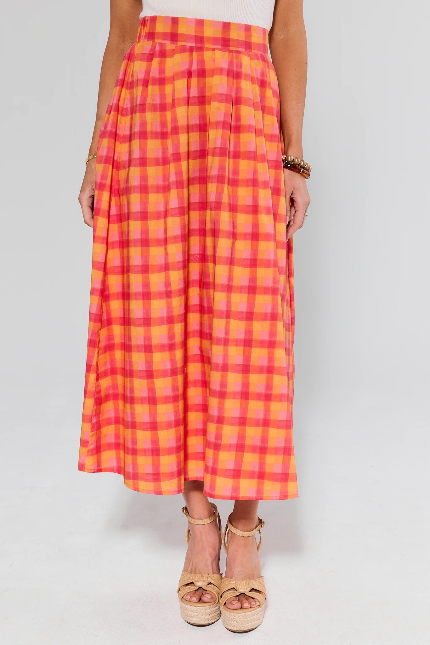 Orange plaid A-line midi skirt