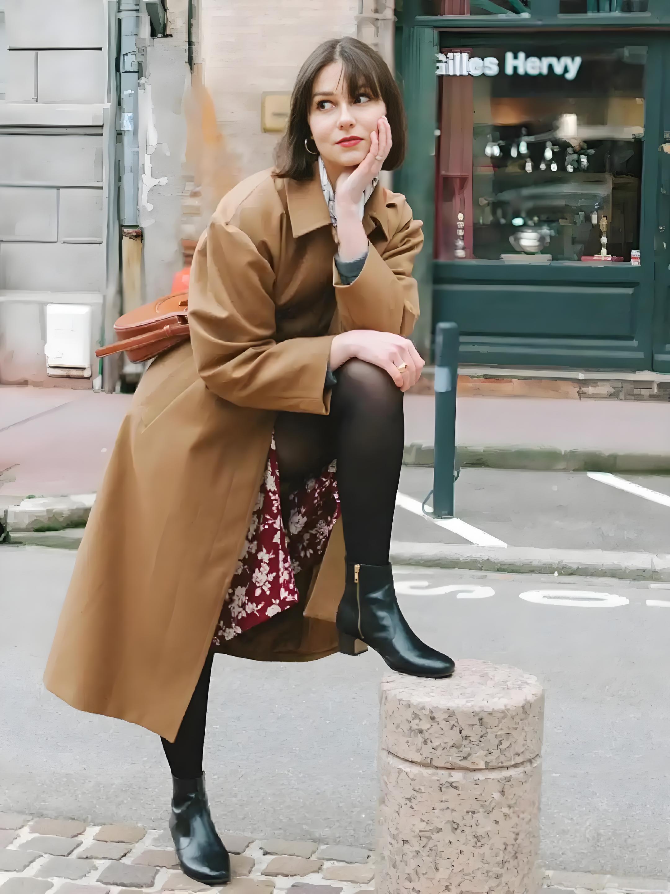 brown trench coat + printed midi skirt + black ankle boots