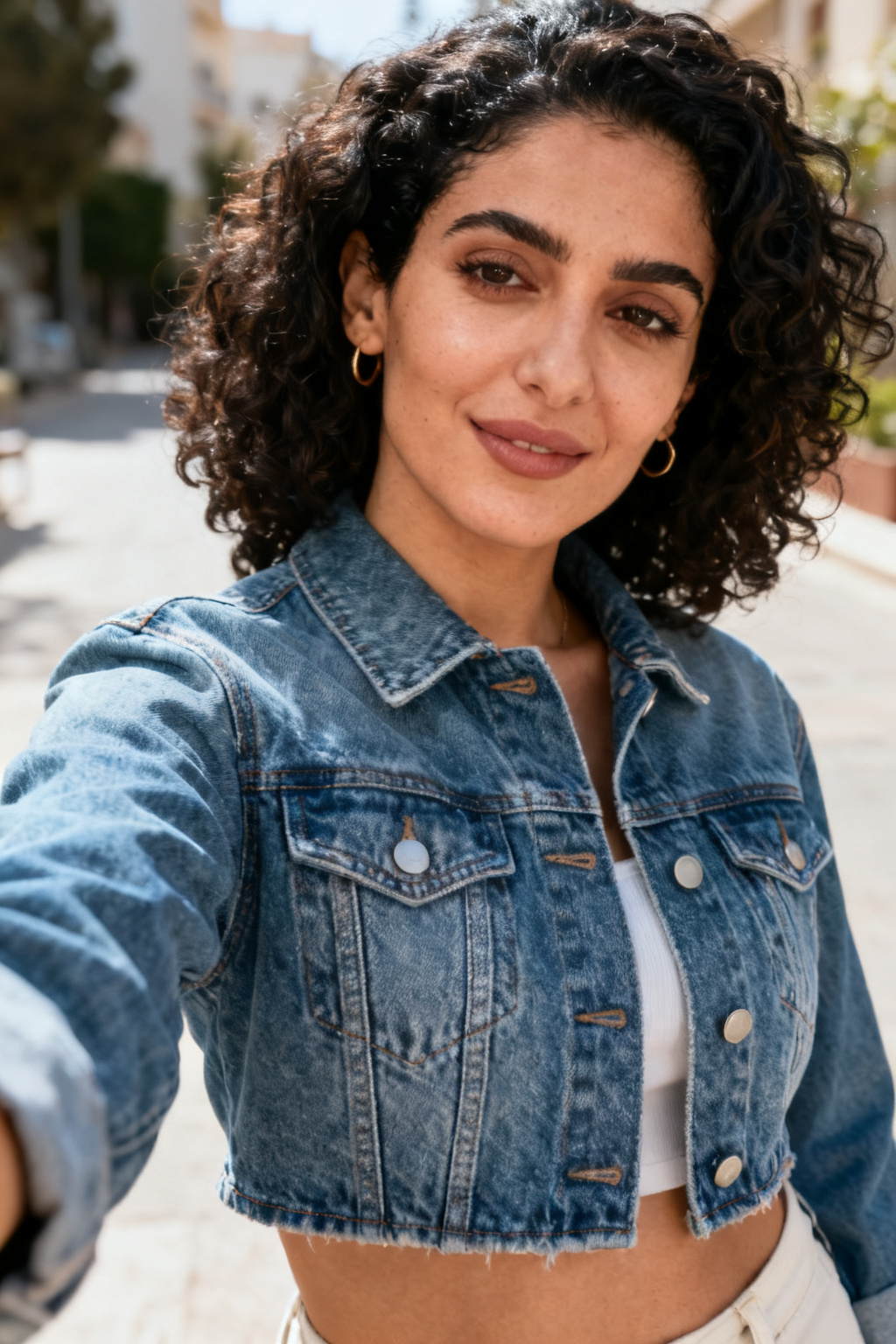 Cropped denim jacket with skirt for proportion