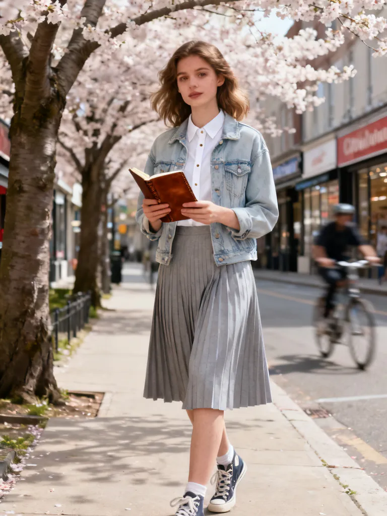 Denim jacket with pleated midi skirt