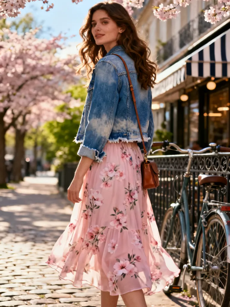 Denim jacket with flowing skirt style contrast