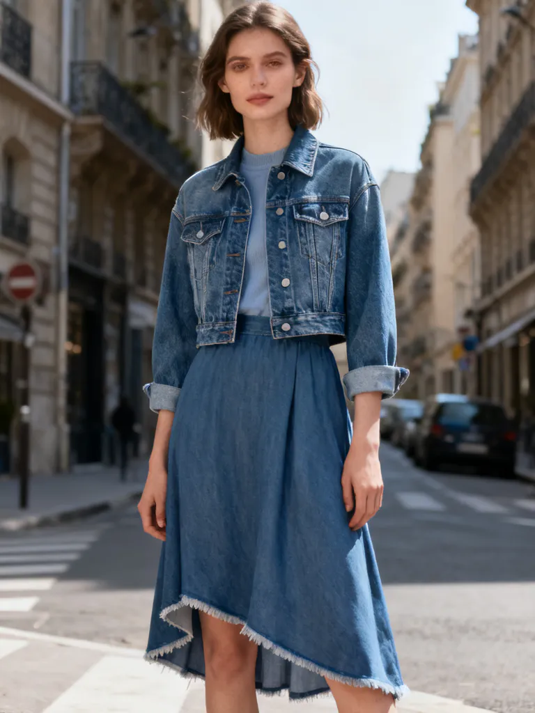 Layered denim jacket and skirt look