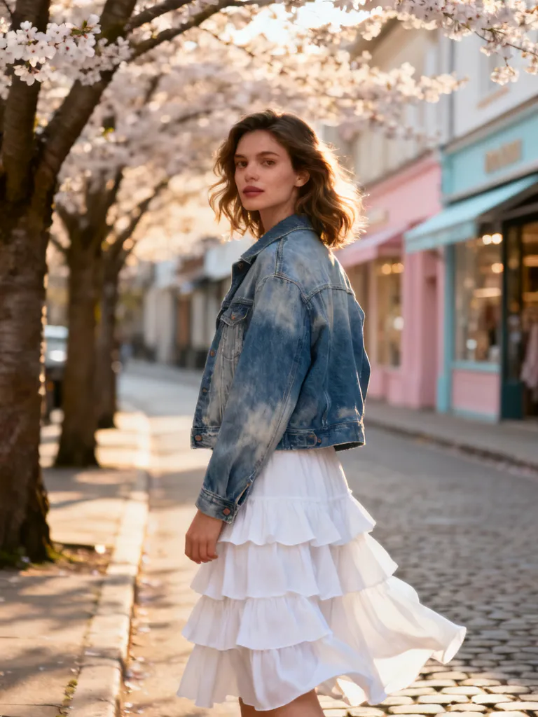 Denim jacket with white tiered skirt