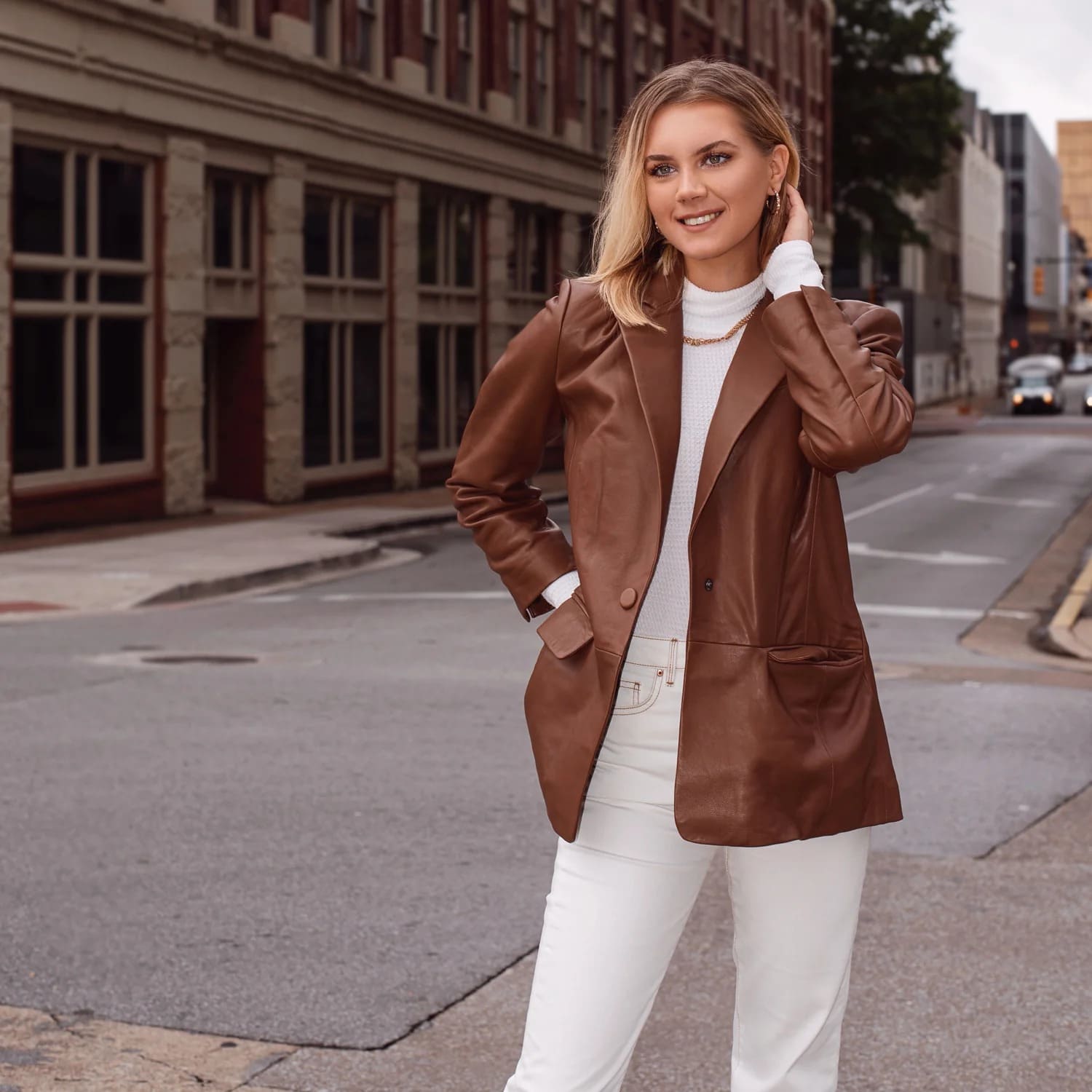 Brown leather blazer for women