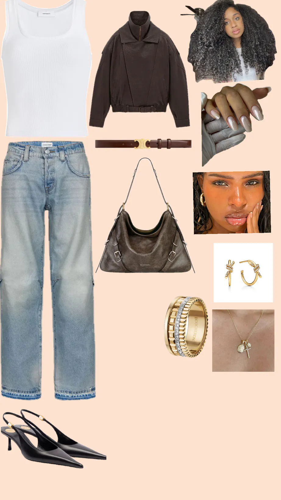 Casual Chic: Layered Whites and Browns with Denim and Elegant Accessories