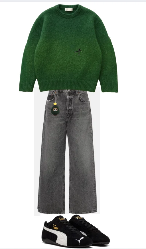 Stylish Green Sweater and Gray Wide-Leg Jeans with Sporty Black Sneakers