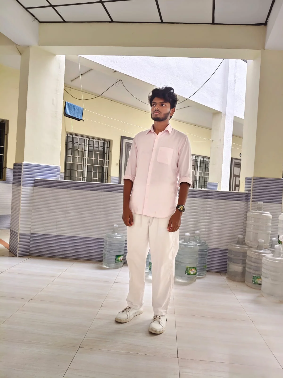 Monochrome Malaise: Oversized Pink Shirt Paired with Baggy White Trousers