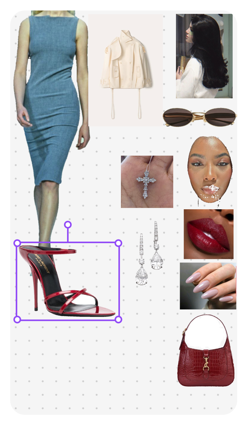 Elegant Blue Dress with Red Accents and Glamorous Accessories