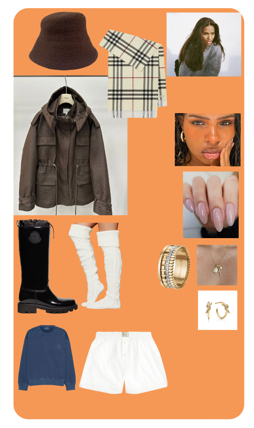 Effortless Urban Chic: Brown Sherpa Jacket with Shorts, Knee-High Boots, and Accessories