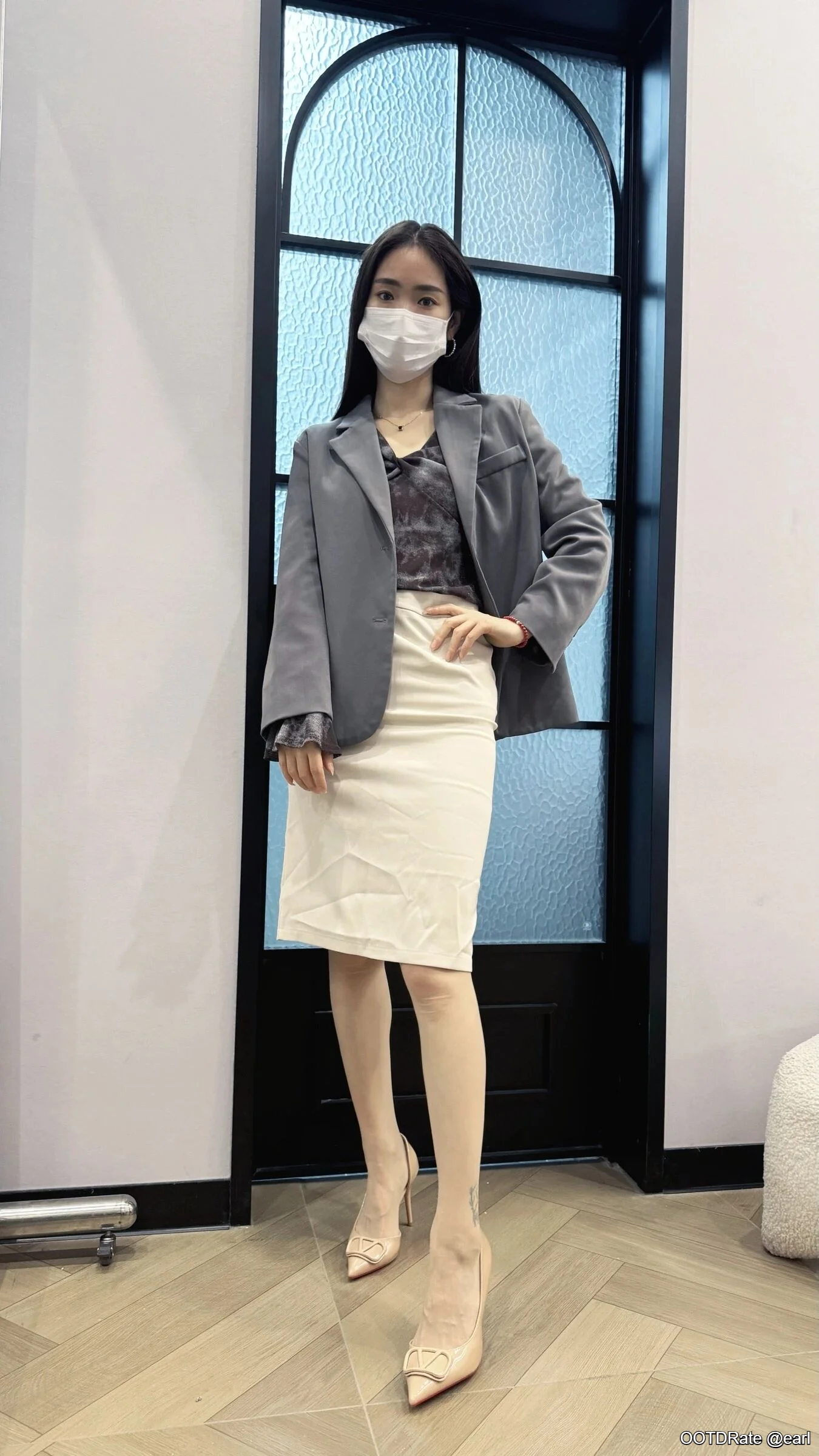 Elegant Gray Blazer and Cream Pencil Skirt Ensemble with Nude Heels