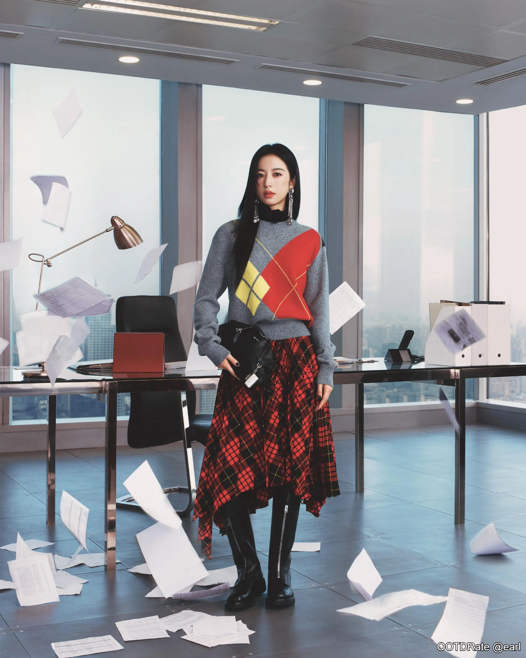 Bold Geometric Sweater Paired with Asymmetrical Plaid Skirt in Office Chic Style