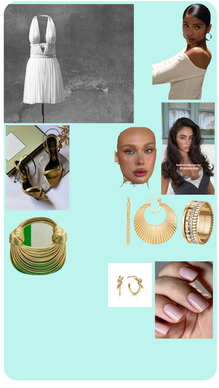 Elegant White Dress with Gold Accessories and Delicate Pink Manicure