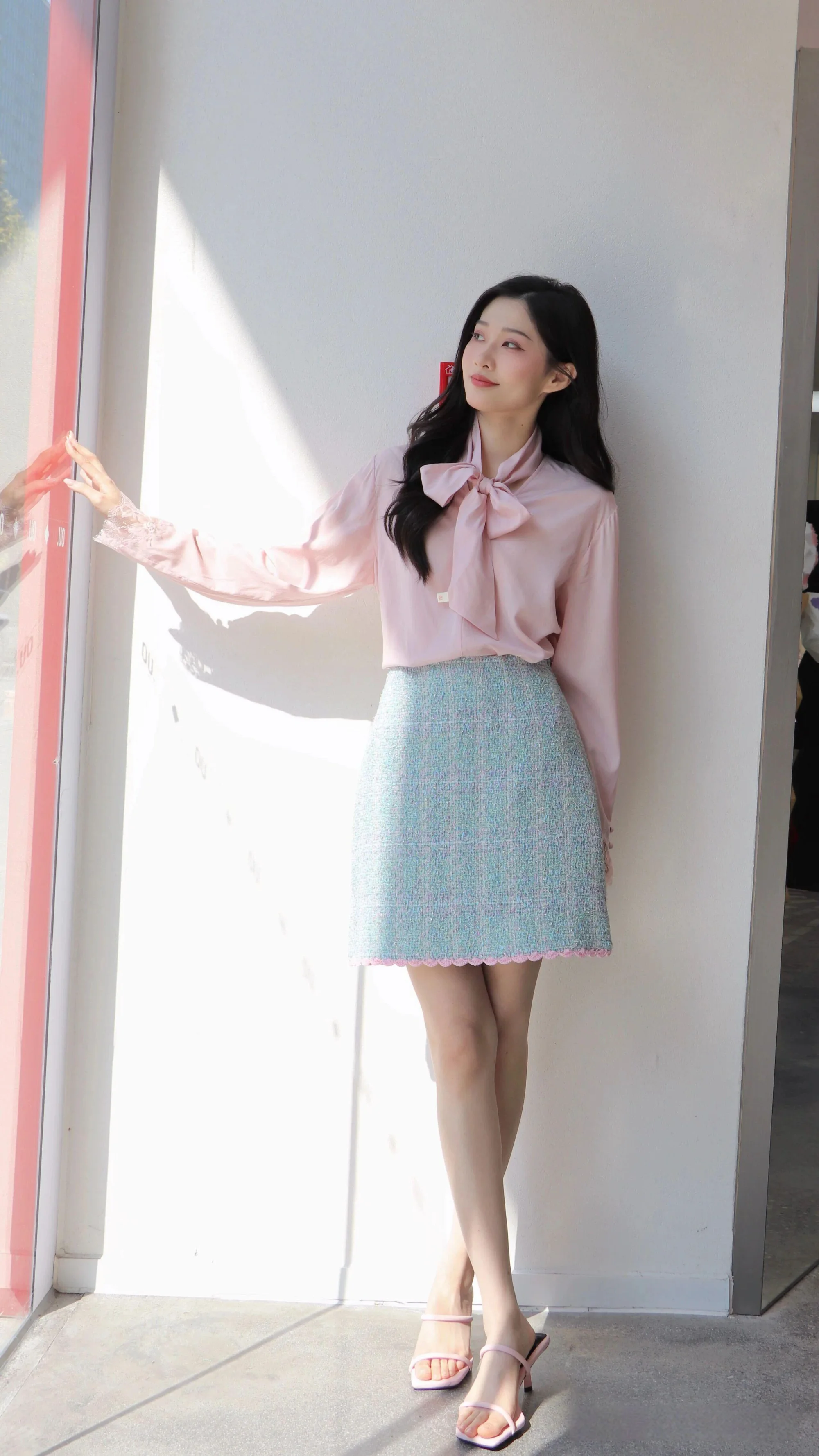 Soft Pink Blouse and Tweed Mini Skirt: A Fresh Pastel Look
