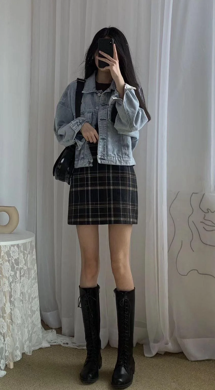 Chic Denim and Plaid Mini Skirt Outfit with Knee-High Boots