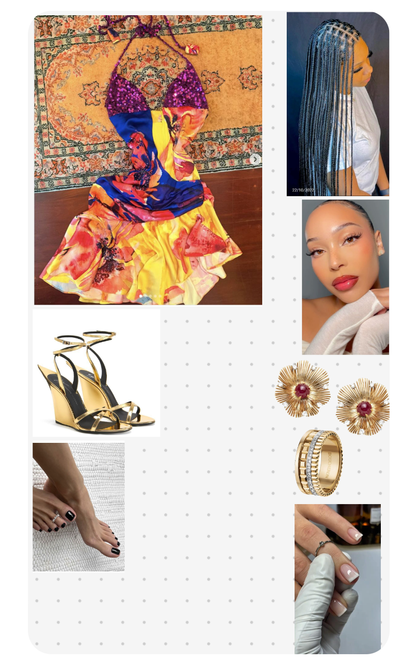 Vibrant Multicolored Halter Dress with Black Wedge Sandals and Gold Accessories