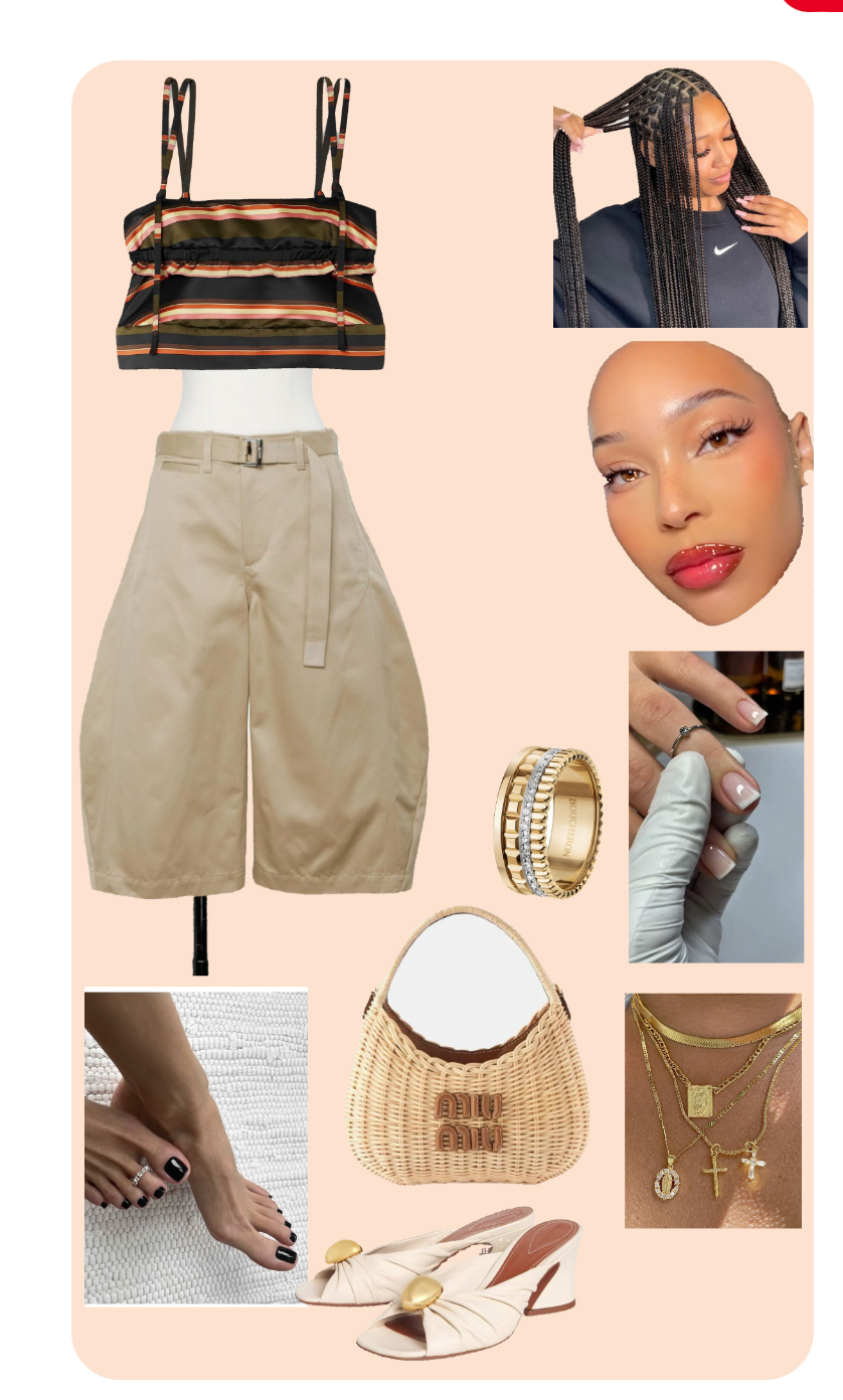 Chic Casual Elegance: Striped Crop Top, Beige Wide-Leg Shorts, and Rattan Bag