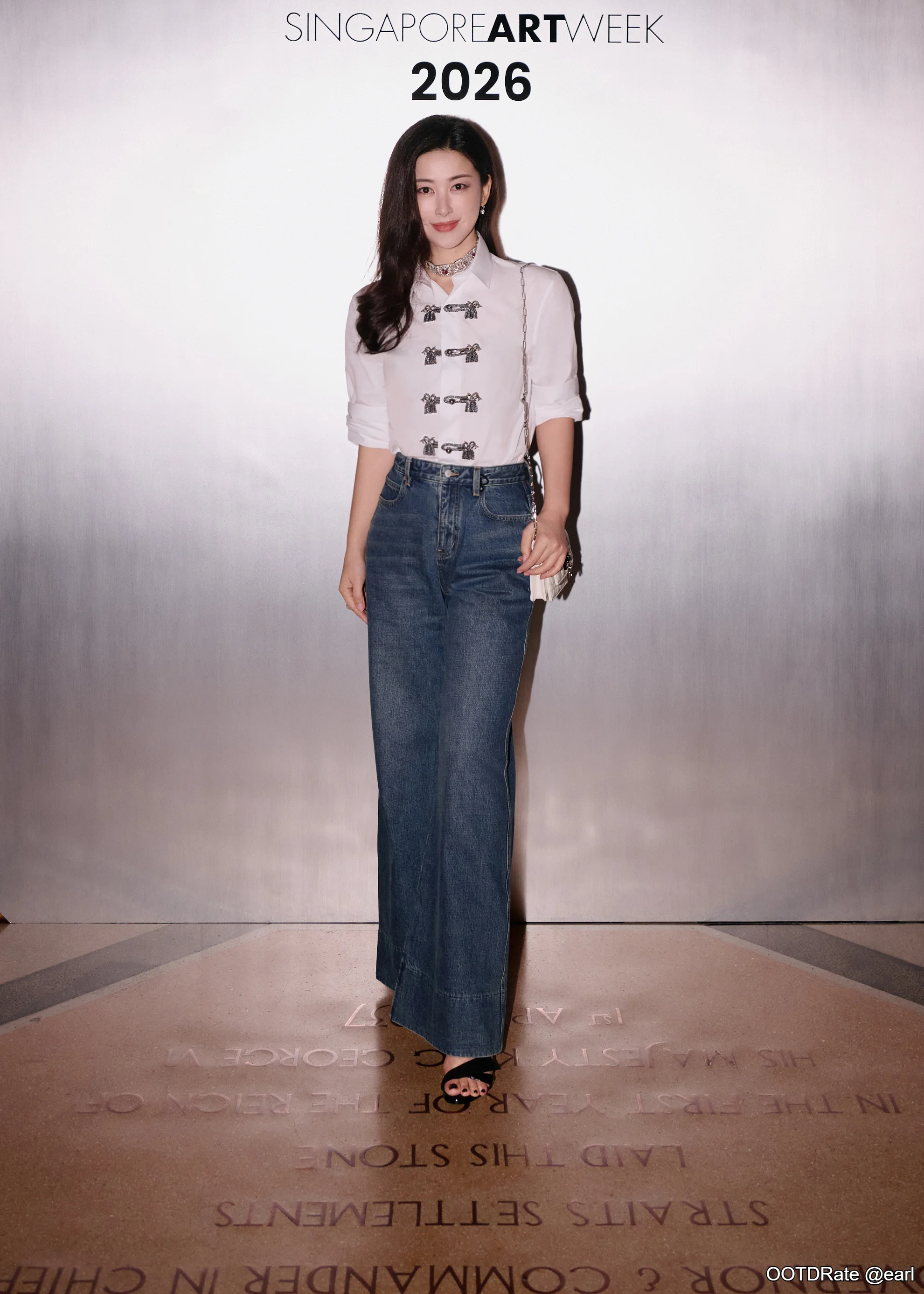 Chic and Casual: White Embellished Top with Denim Wide-Leg Jeans