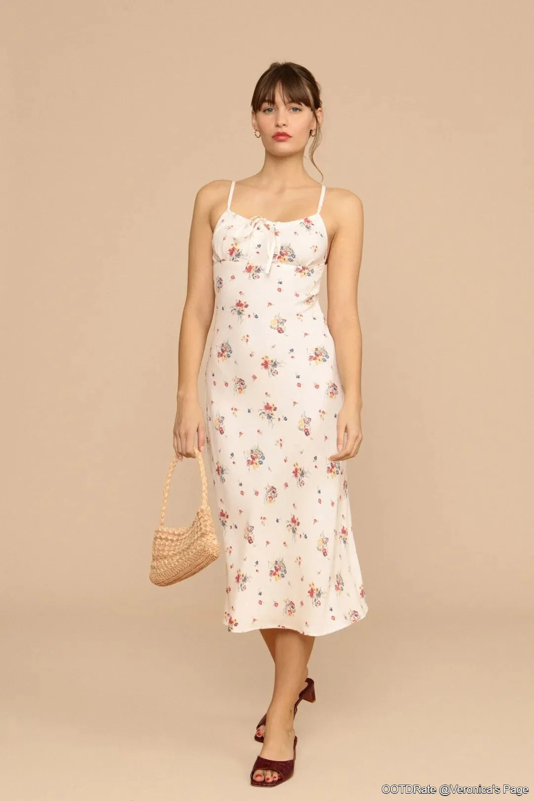 Elegant White Floral Midi Dress with Straw Bag and Burgundy Heels