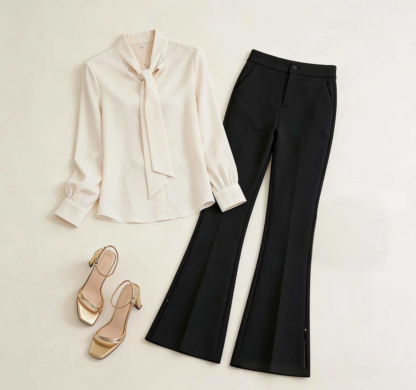 Elegant Ensemble: Cream Blouse with Tie Detail and Black Flared Pants