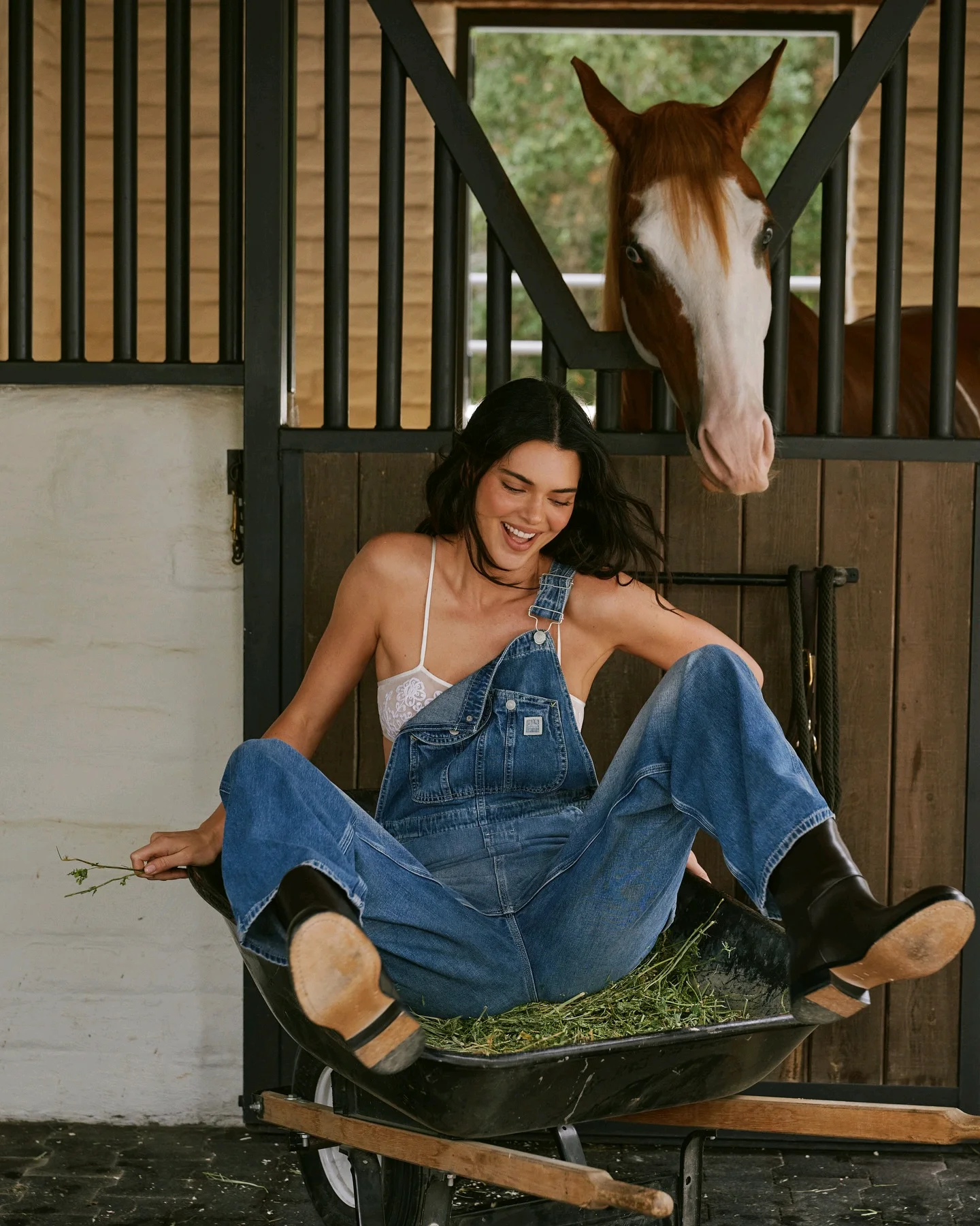 πΎππππππ π½πππππ: Denim Overalls with Lace Bralette & Black Boots