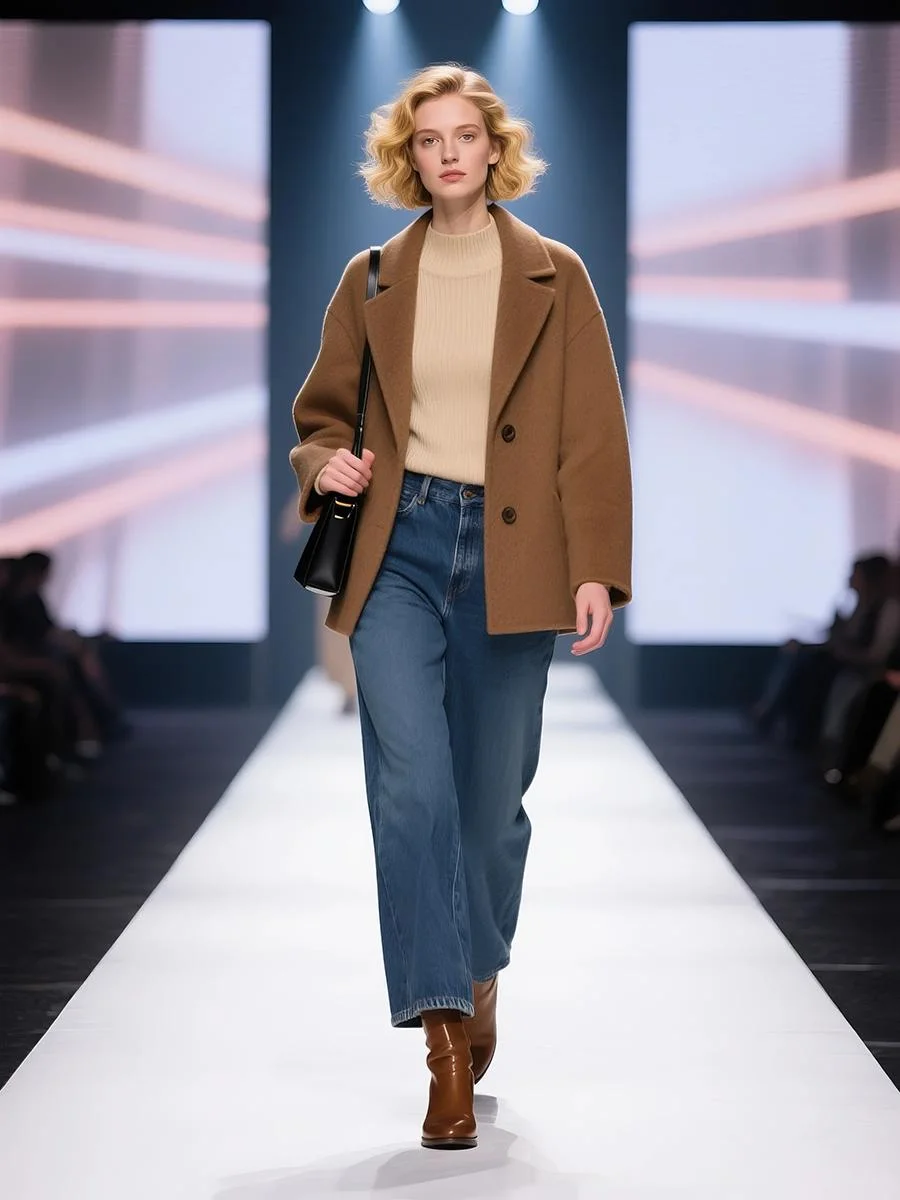 Elegant Camel Coat and Blue Jeans Ensemble with Ankle Boots