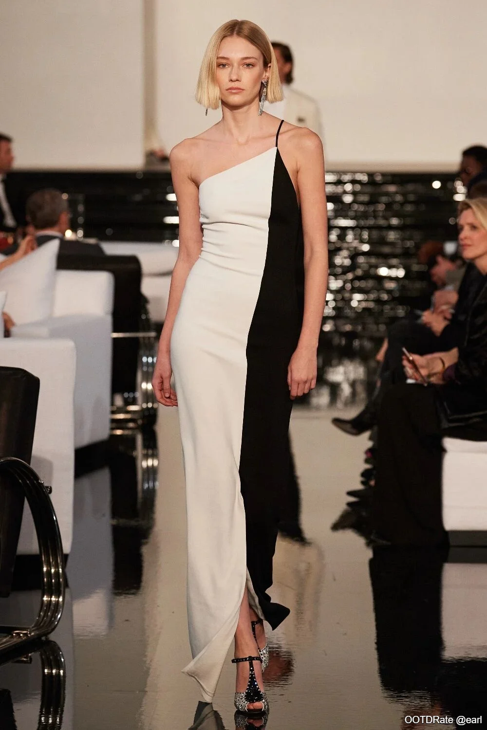 Elegant Black-and-White One-Shoulder Evening Gown with Minimalist Design