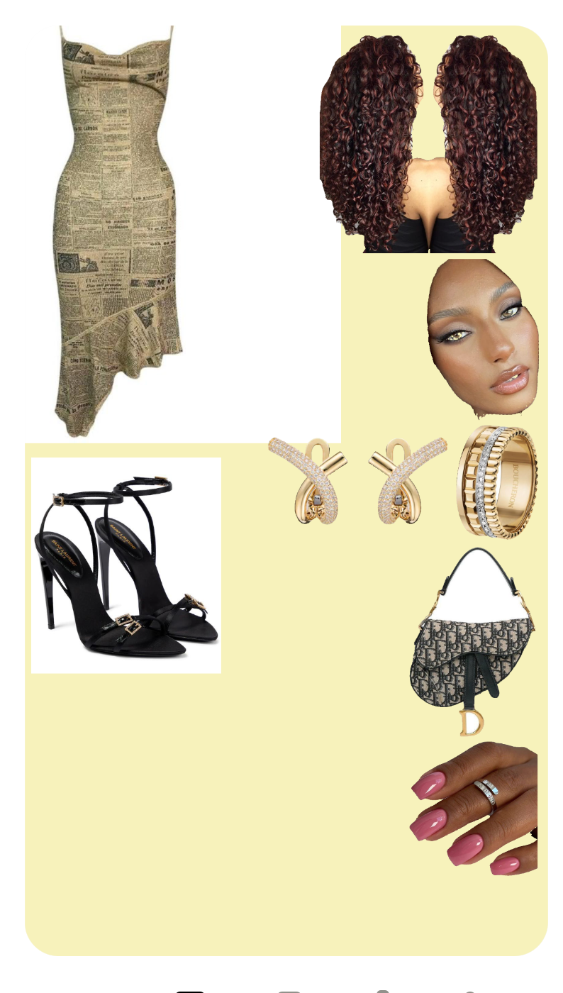 Bold Newspaper Print Dress with Black Heels and Gold Accessories