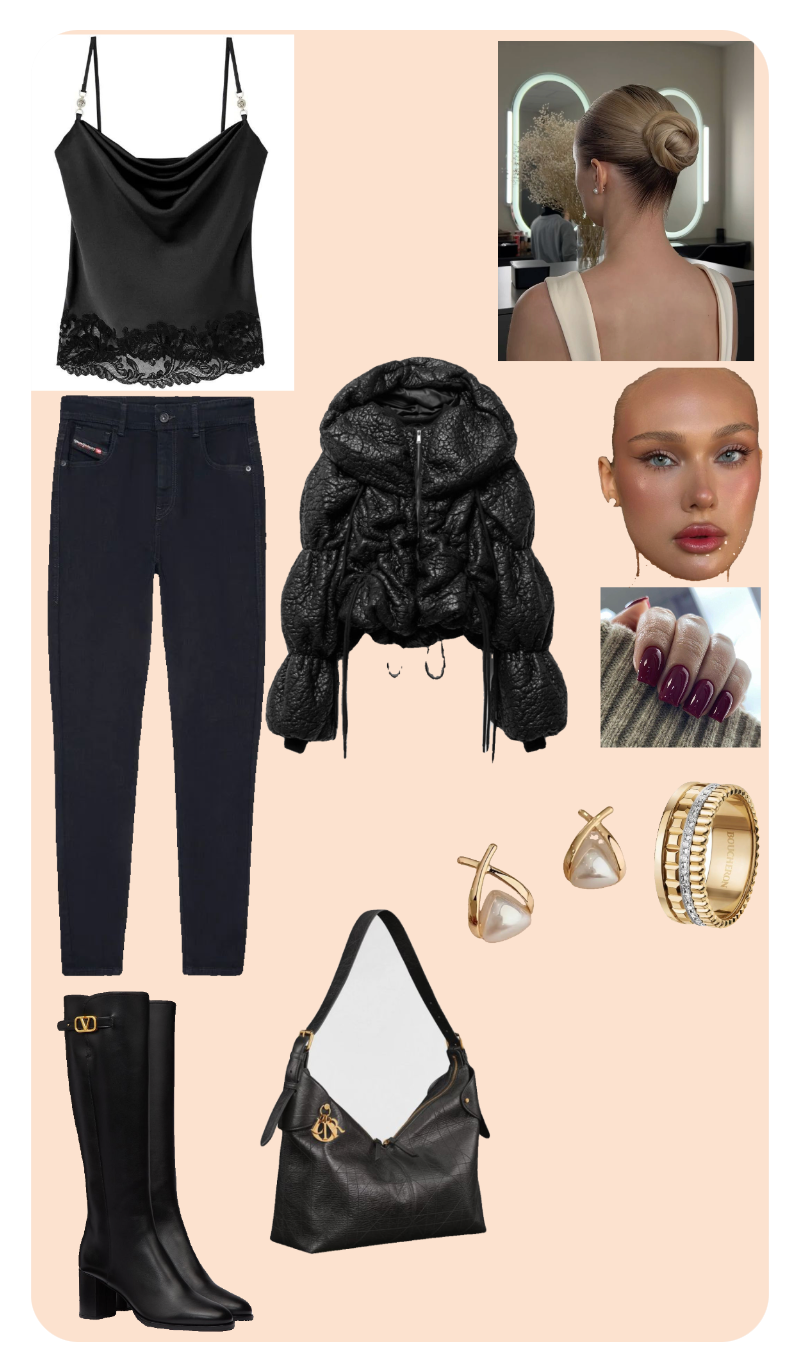 Edgy Elegance: Black Camisole and Textured Puffer with Knee-High Boots