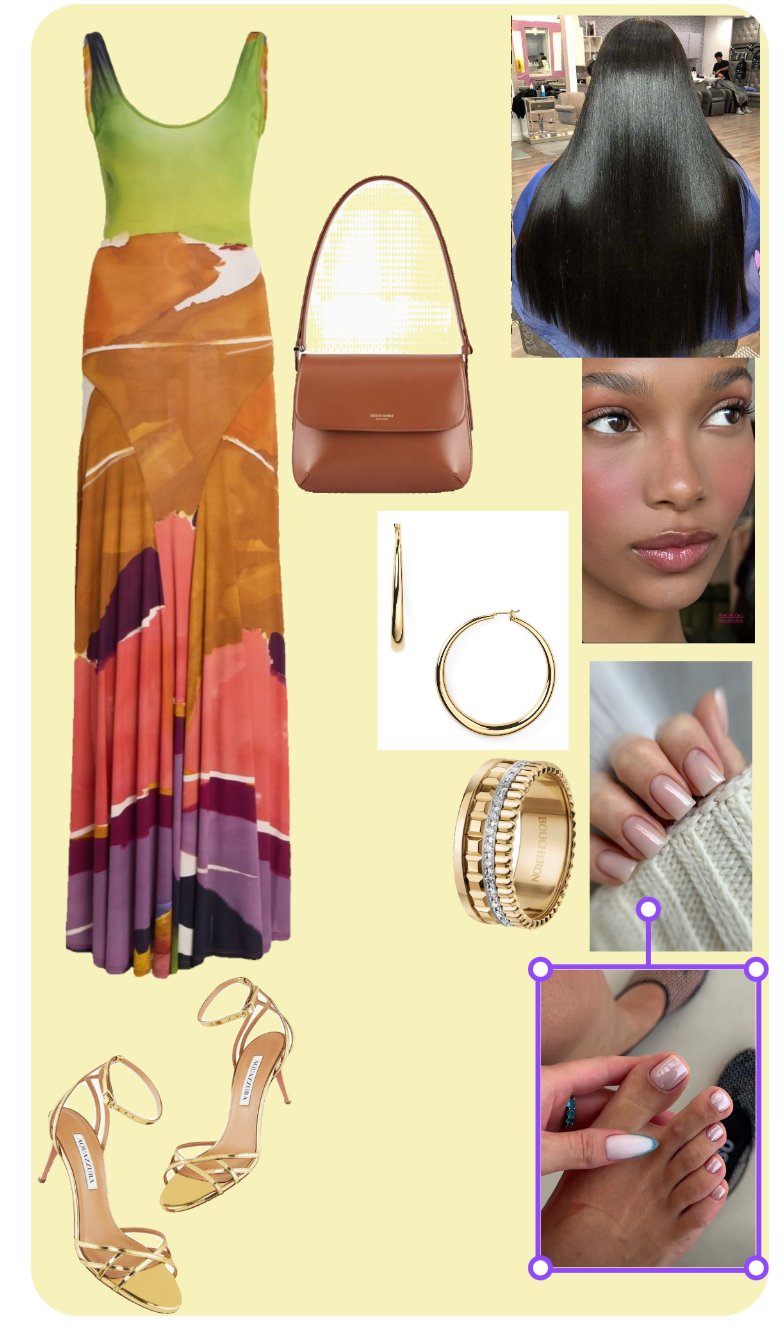 Vibrant Multicolor Dress with Gold Accents and Structured Handbag for Summer Elegance