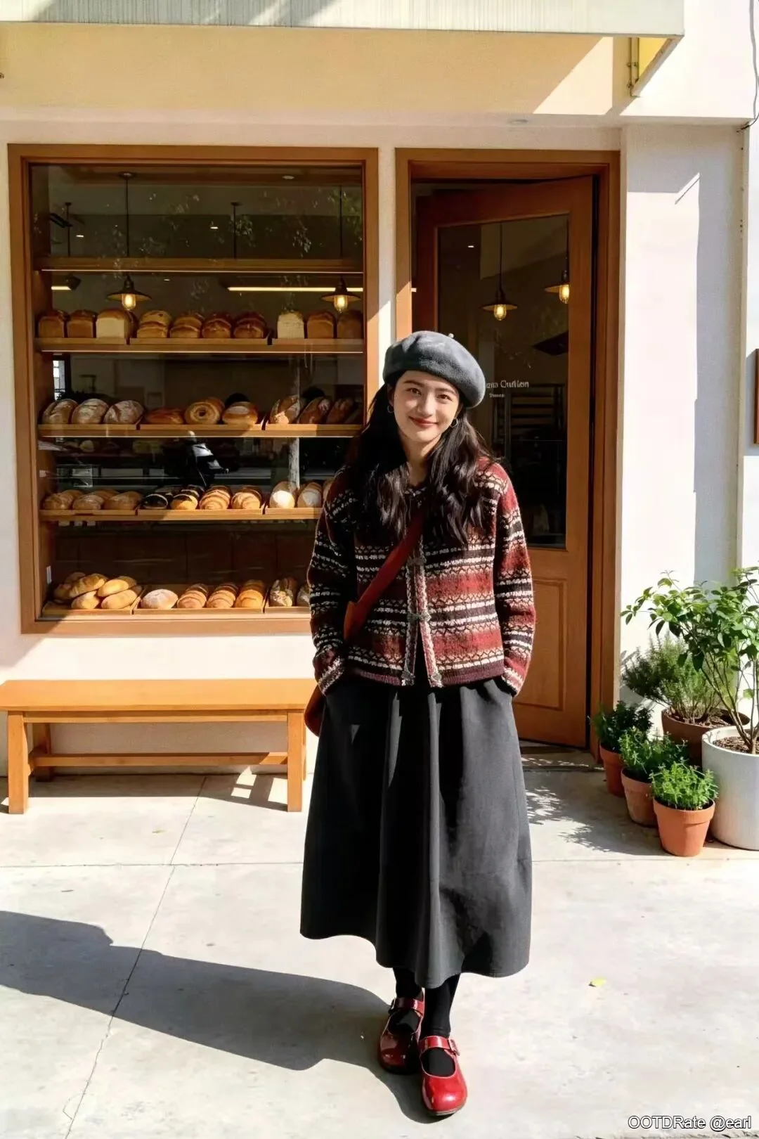 Vintage Charm Meets Modern Style with a Patterned Jacket and Red Shoes