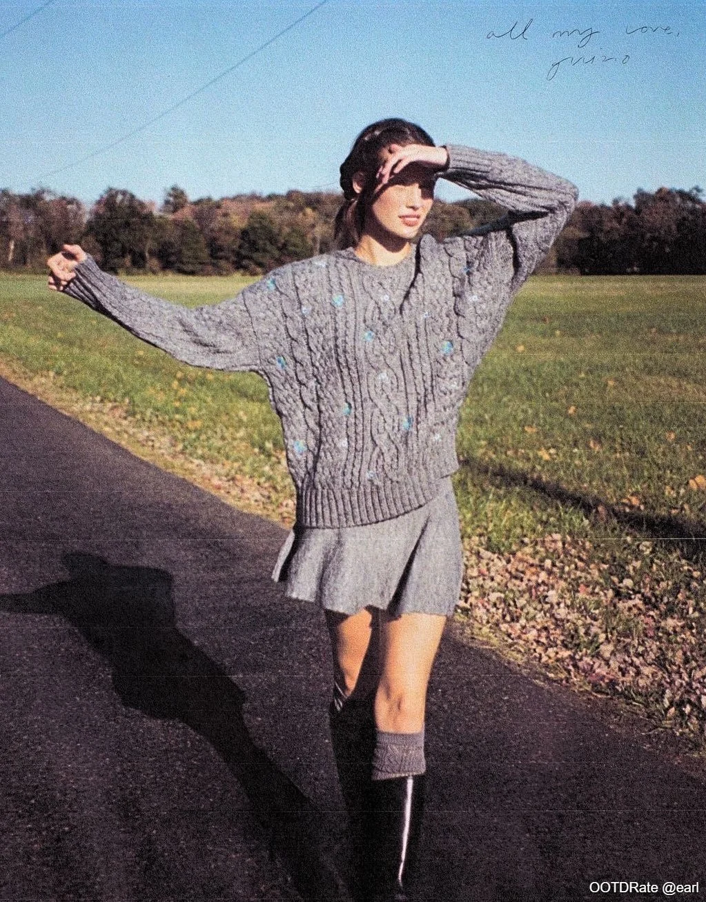 Cozy Grey Knitwear and Mini Skirt Style with Knee-High Boots
