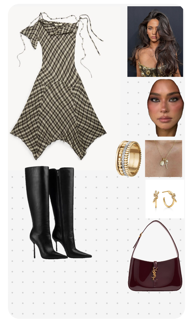 Edgy Asymmetrical Checkered Dress with Knee-High Boots and Gold Accents