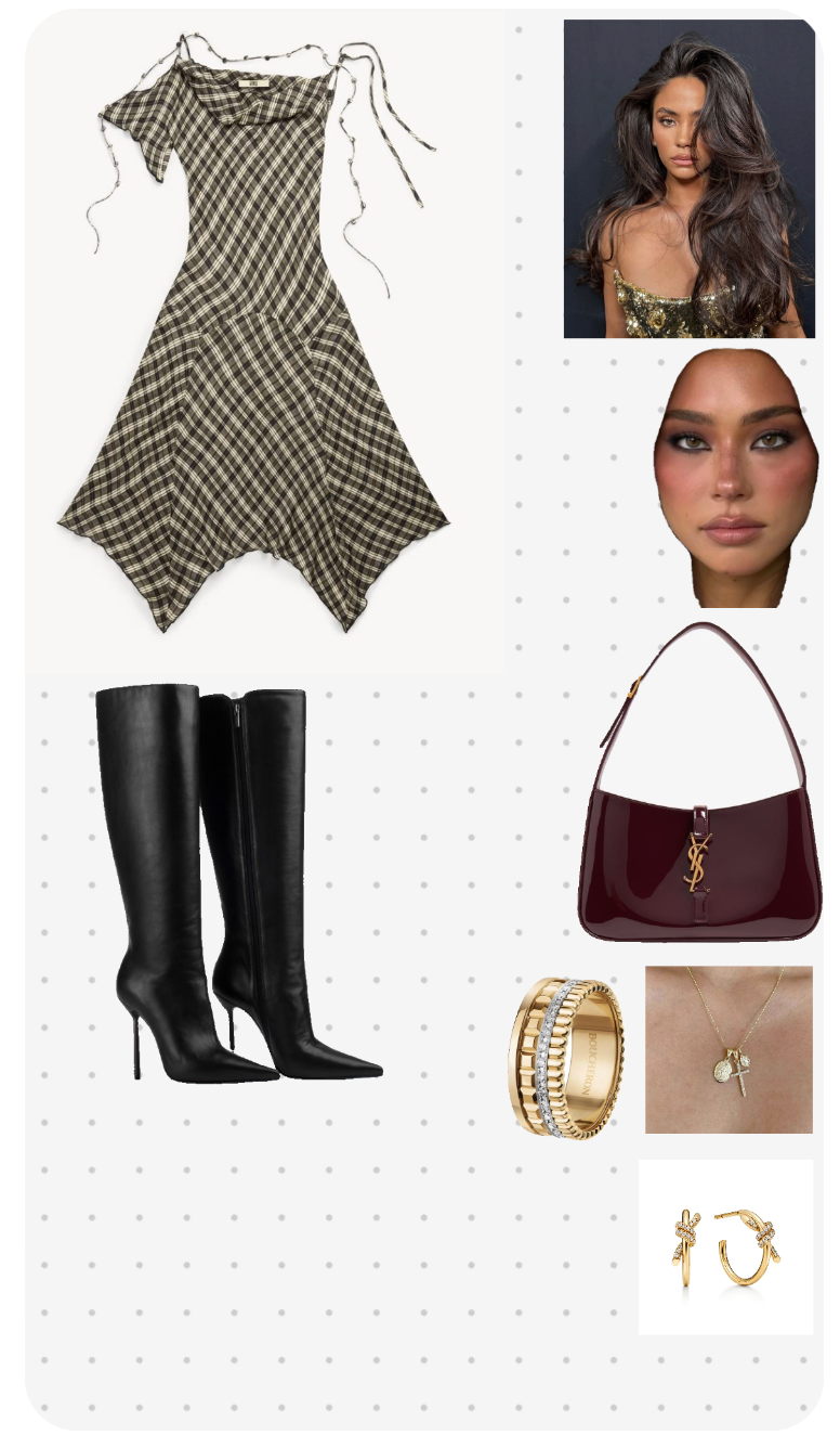 Contemporary Edge with Plaid Dress, Knee-High Boots, and Sophisticated Accessories