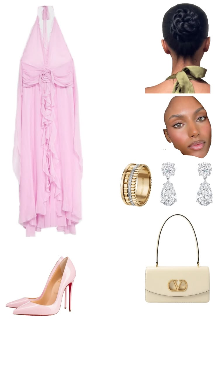 Elegant Pink Halter Dress with Chic Accessories and Cream Handbag