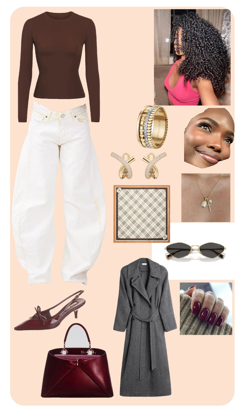 Chic Contrast: Brown Top and White Pants with Grey Coat and Burgundy Accents