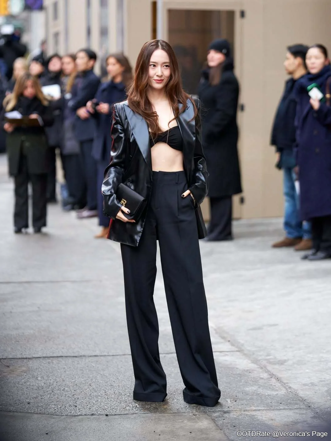 Elegant Black Leather Blazer and Bralette with High-Waisted Trousers Look