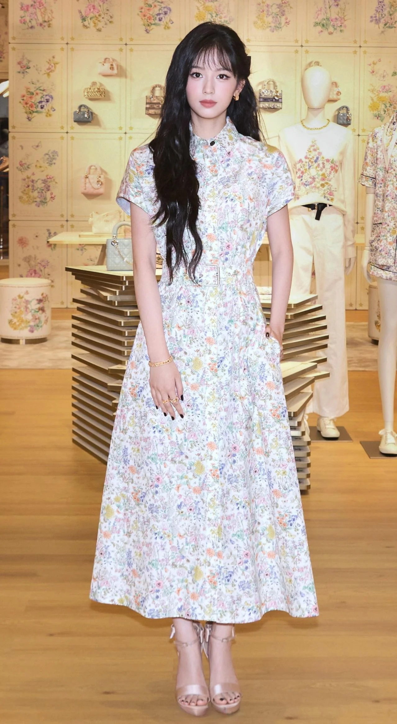 Floral Elegance: Pastel Print Dress with Nude Sandals and Minimal Accessories