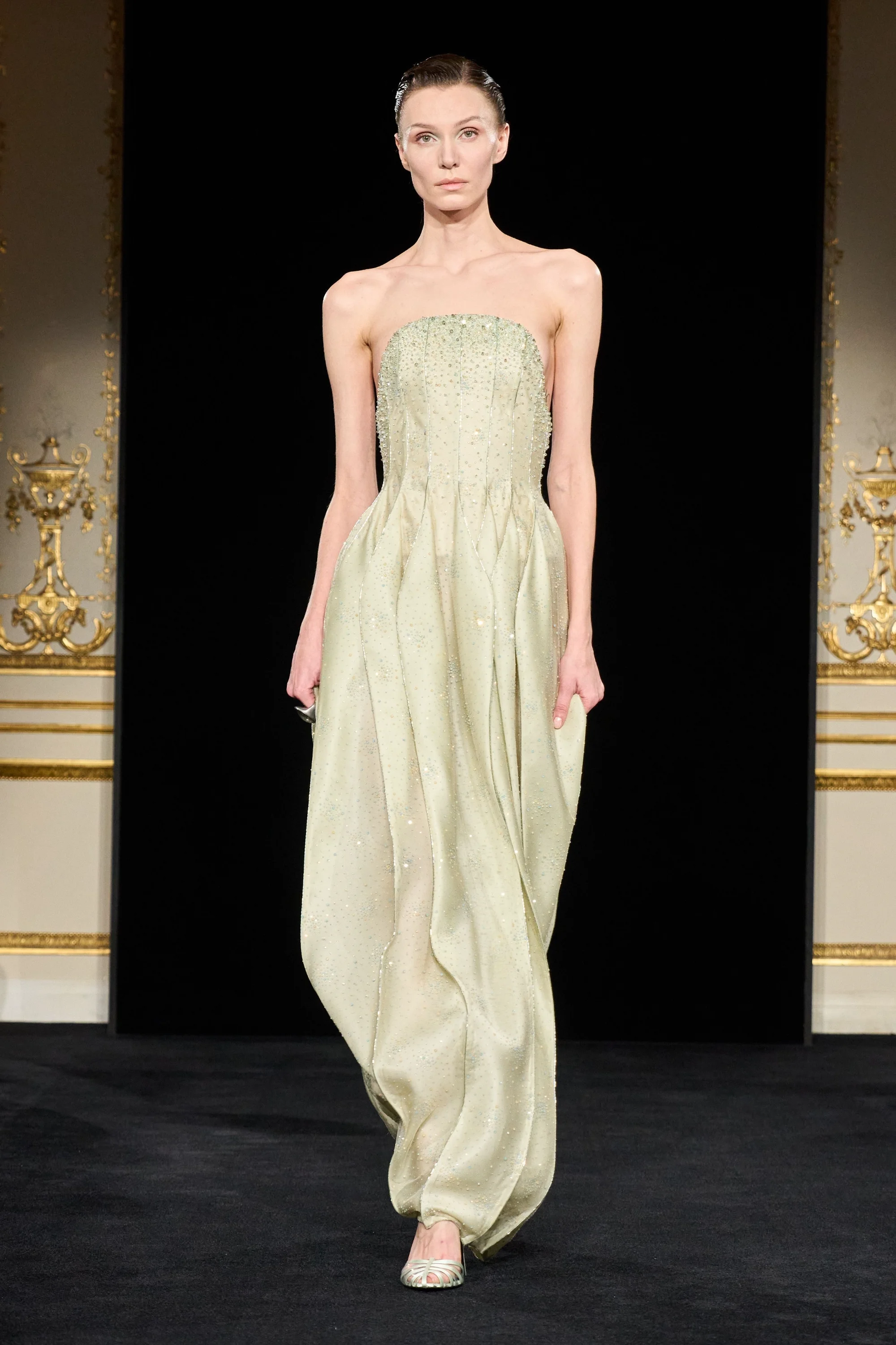 Strapless Pastel Green Gown with Subtle Shimmer and Elegant Silhouette