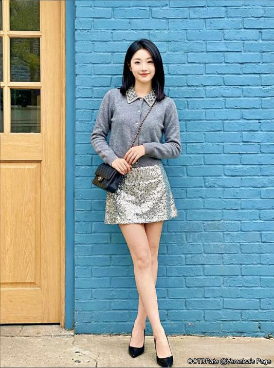 Chic Grey Sweater with Sequin Mini Skirt and Glam Collar Details