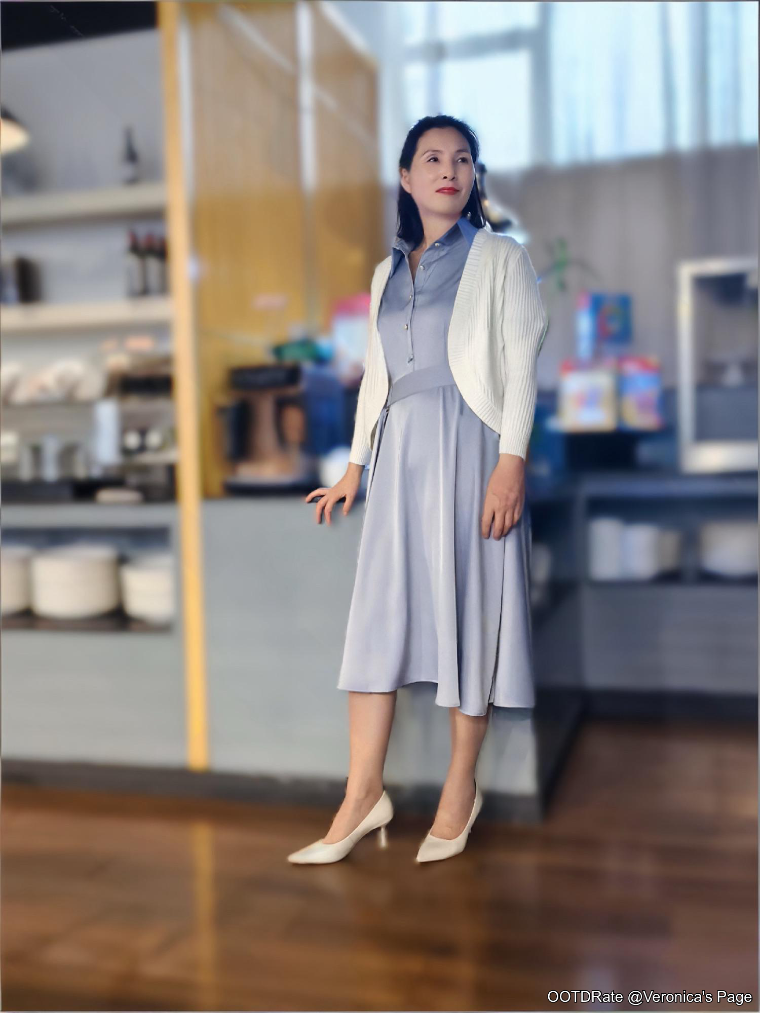 Elegant Lavender Midi Dress with White Cardigan and Nude Heels