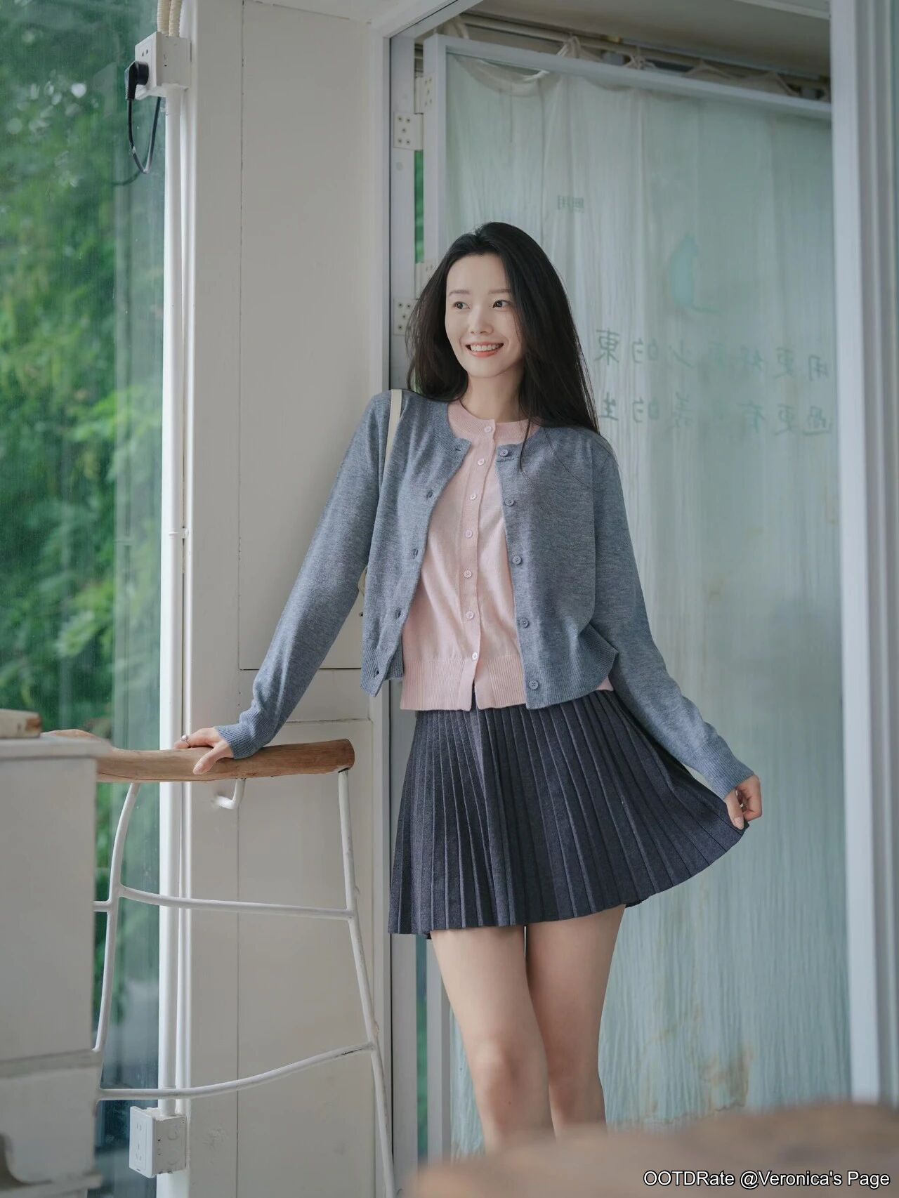 Soft Gray and Pink Casual Chic Outfit with Pleated Skirt