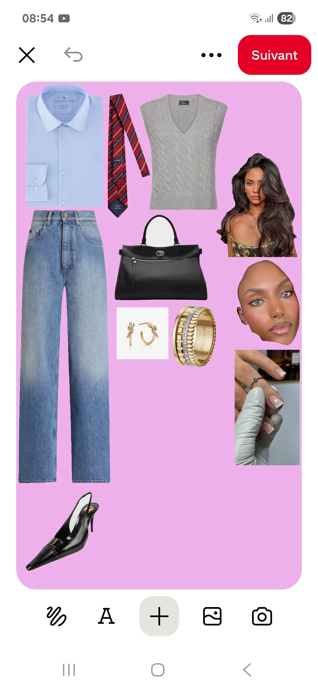 Smart-Casual Ensemble: Blue Shirt, Grey Vest, Wide-Leg Jeans, and Black Heels