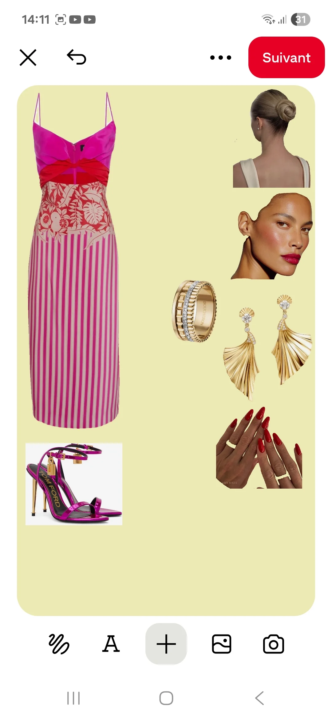 Stylish Fuchsia & Gold Ensemble with Patterned Dress and Elegant Accessories