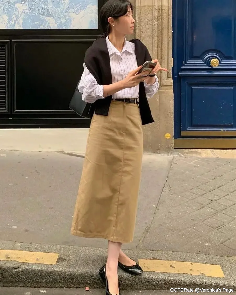 Classic Elegance with Striped Shirt and Camel Midi Skirt