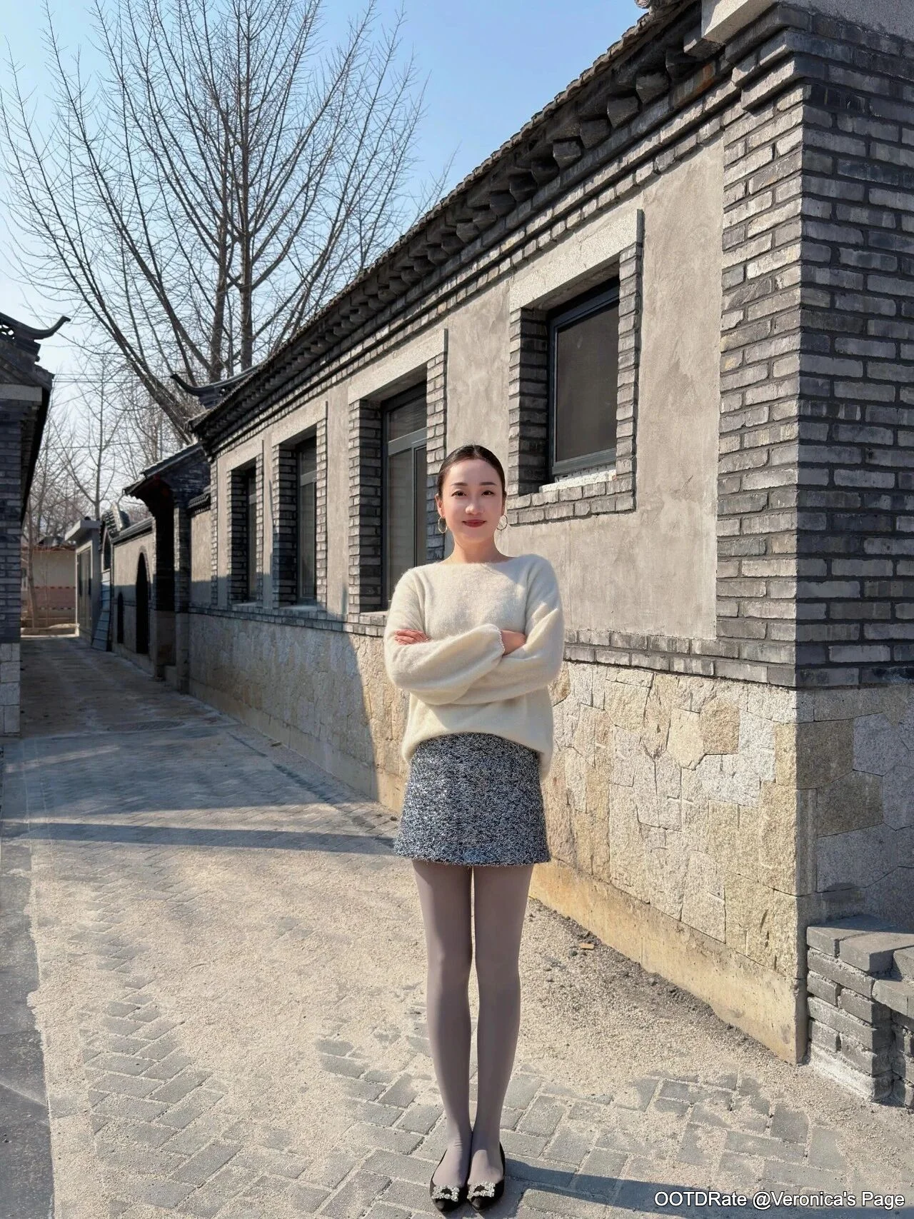 Cozy Cream Sweater with Textured Mini Skirt and Ballet Flats for Casual Chic Style