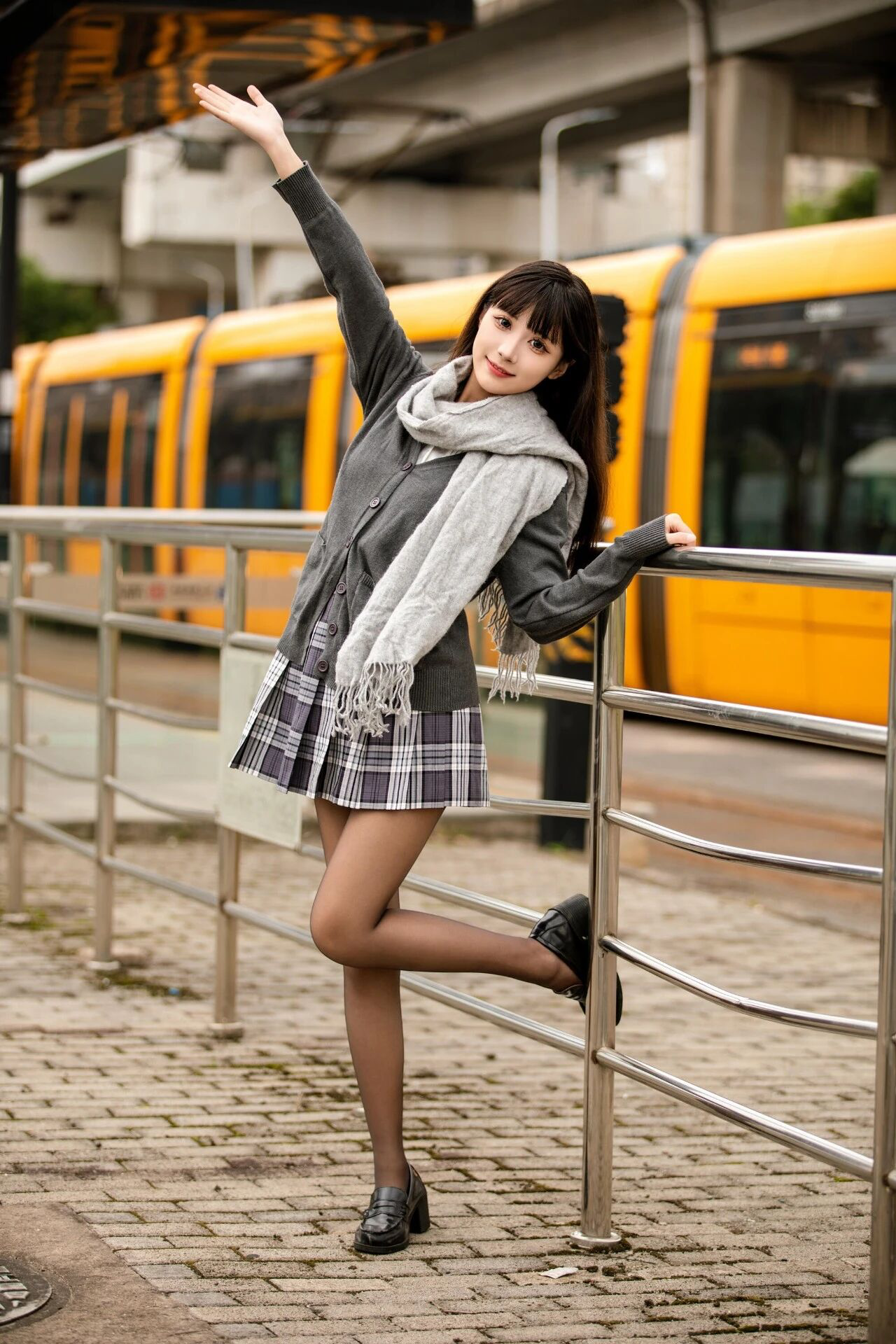 Chic Grey and Plaid Combo with Scarf and Mini Skirt for Urban Style