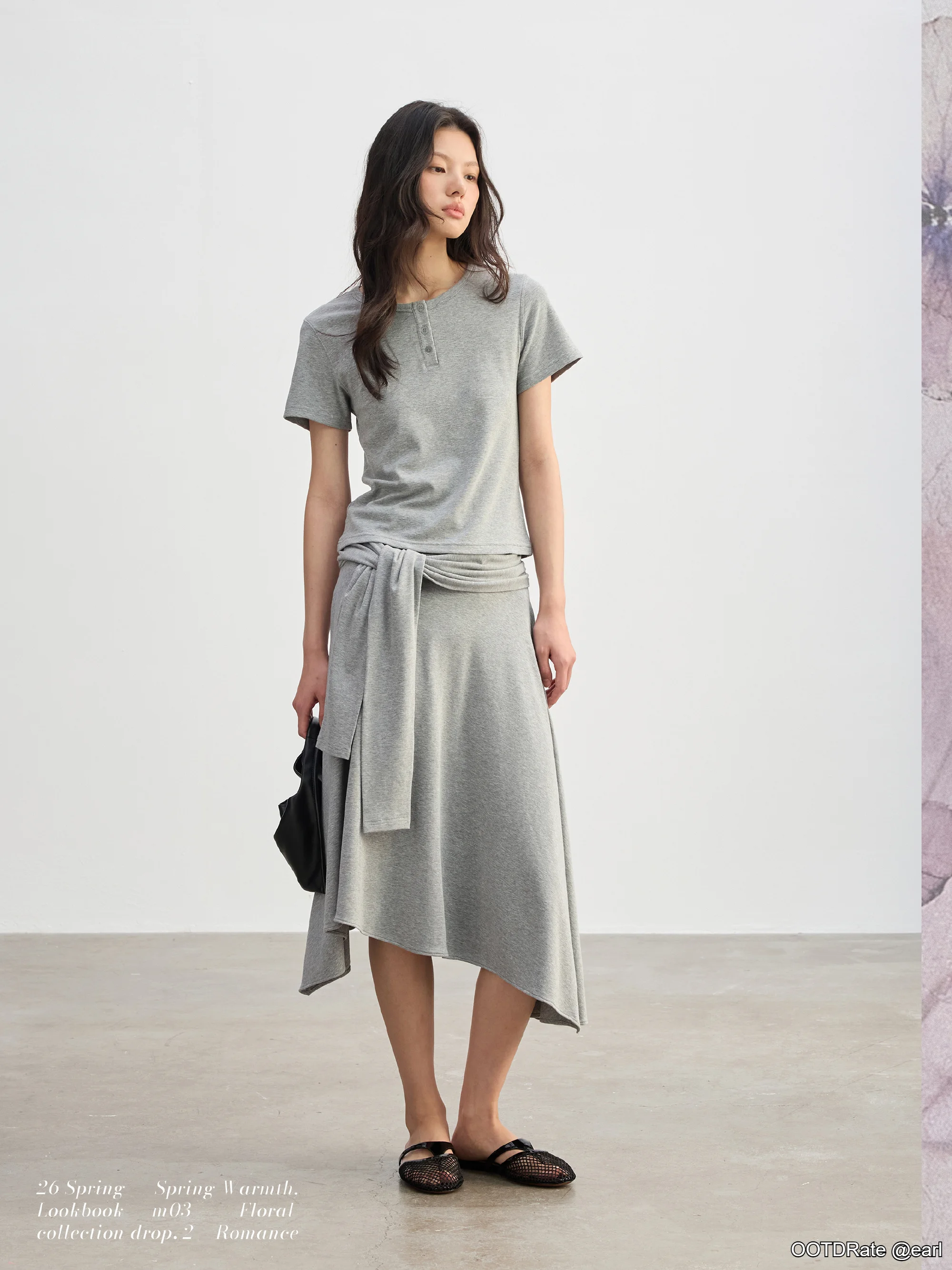 Monochrome Grey Outfit with Asymmetrical Skirt and Flat Sandals