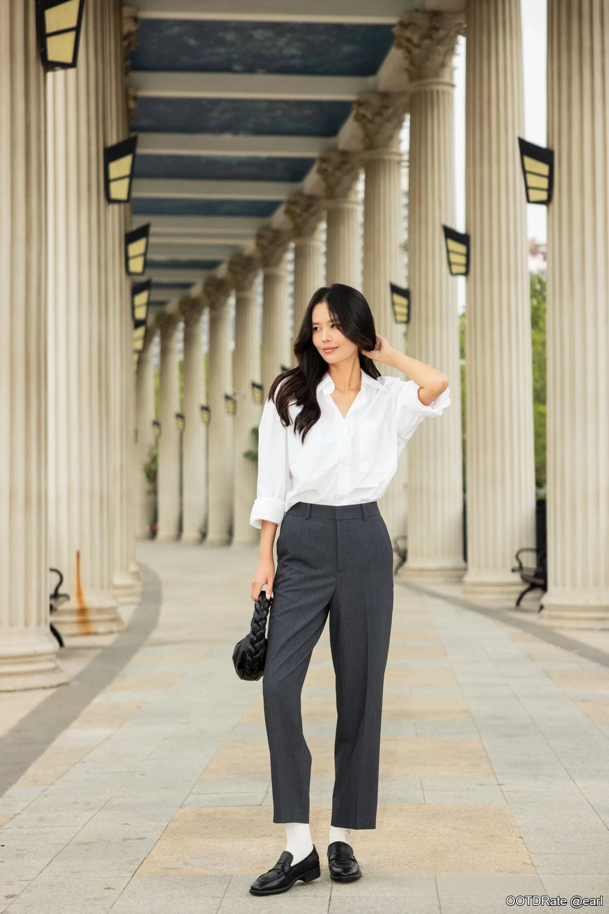 Sophisticated Minimalism: White Shirt and Gray Trousers with Black Loafers