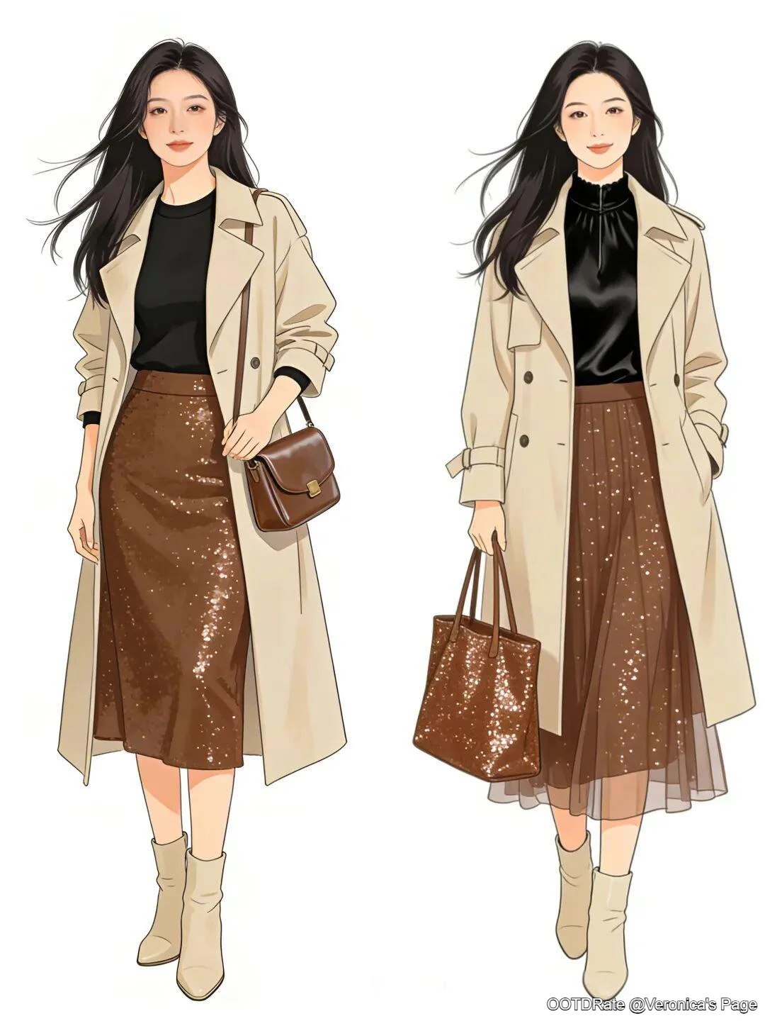 Elegant Beige Trench Coat with Shimmery Brown Skirt and Black Top